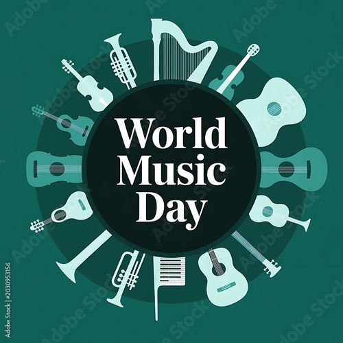 World music day celebration banner with various musical instruments in a circle