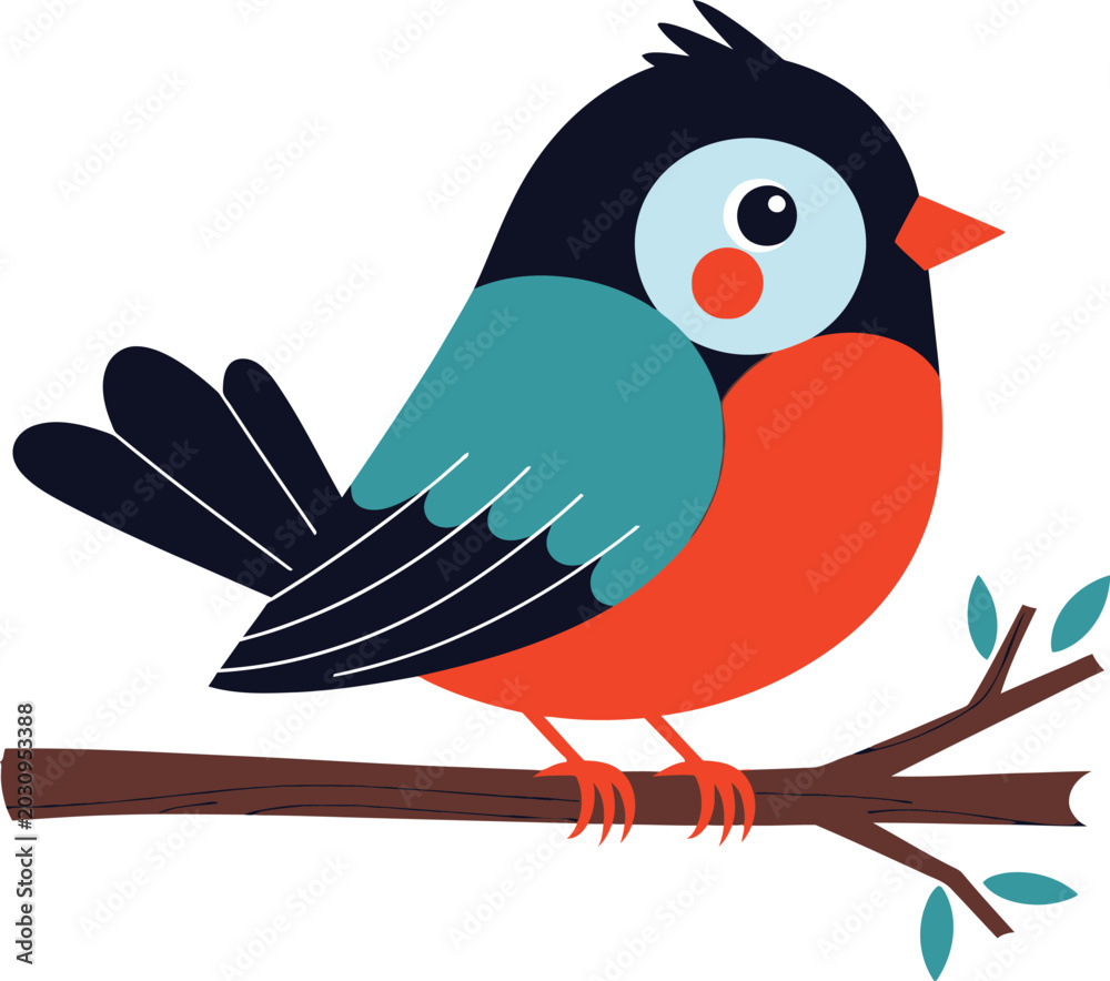 Fototapeta premium Cute cartoon bird sitting on a branch with leaves, isolated on white background