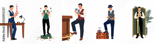 Bild auf Leinwand Set of flat vector illustrations featuring elegant men performing card tricks, playing poker, and showcasing magic skills in various scenarios