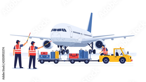 Ground Crew Services: Aviation professionals diligently load luggage onto a plane, with a tug vehicle and ground staff managing operations on the tarmac, ensuring a smooth departure.