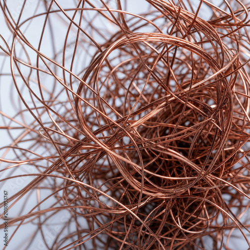 A close-up of tangled copper wire creates an intricate network of curves and twists, showcasing the shiny metallic texture against a soft background.