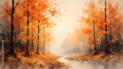 Autumn Forest River Watercolor Landscape Painting