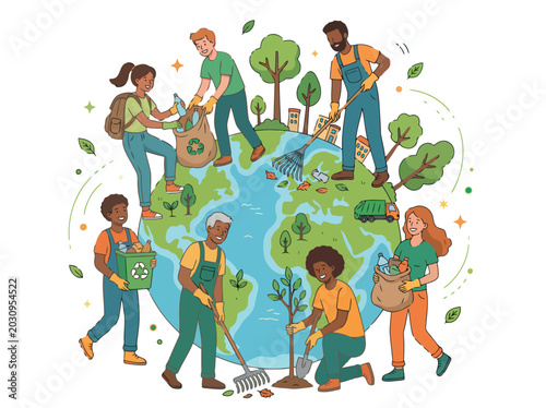 Photos Diverse group cleans Earth together! Volunteers plant trees, recycle, and restore the planet