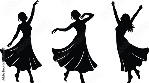 Fotografie Black and white of three ballet dancers in dynamic poses black silhouette white