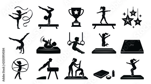 Gymnastics Sport Black and White Glyph Icons Set. Children Training, Rhythmic and Artistic Exercise Silhouettes.
