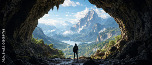 A person stands at the entrance of a cave, gazing out at a breathtaking mountainous landscape with lush greenery and a sparkling lake. The scene exudes tranquility and adventure.