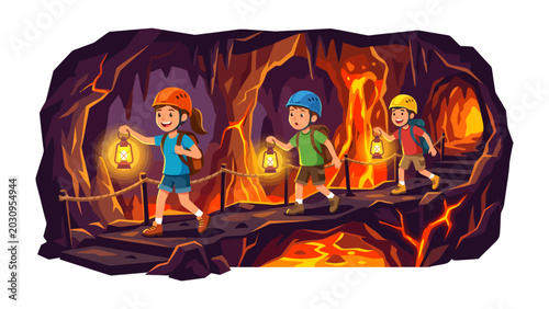 Tableau sur toile Adventure in the Lava Cave: Three adventurous children, equipped with helmets and lanterns, explore a dimly lit cave filled with glowing lava flows and intriguing rock formations