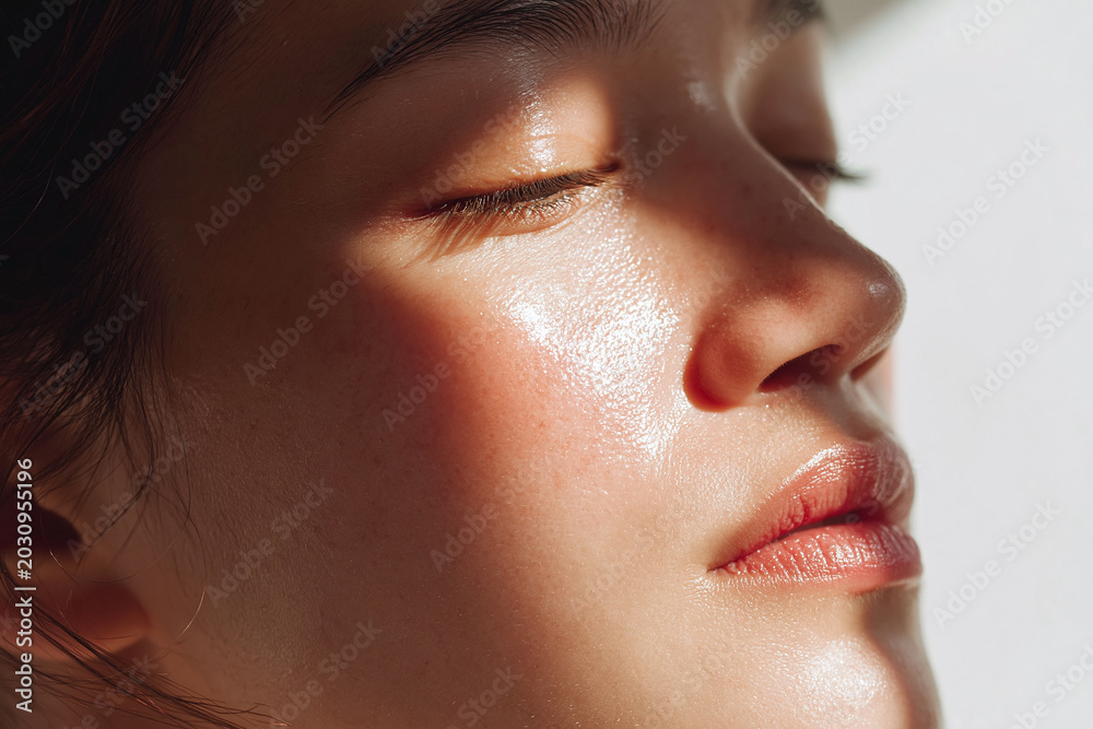 Fototapeta premium Serene glowing hydrated skin close up portrait of person with sunlight on face, smooth dewy complexion and closed eyes expressing calm relaxation