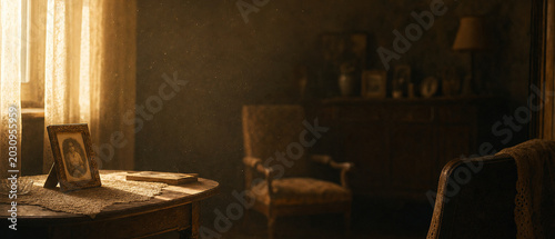 A serene interior scene featuring a vintage wooden table with a framed photo, soft light streaming through sheer curtains, creating a warm and nostalgic atmosphere.