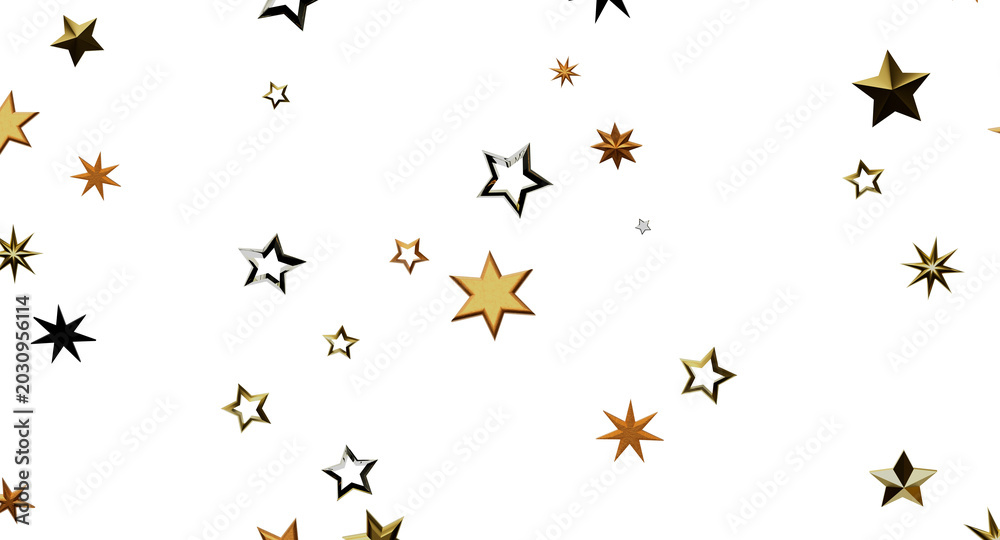 Fototapeta premium Abstract background featuring multiple golden and black stars on a white backdrop, perfect for holidays or celebrations.