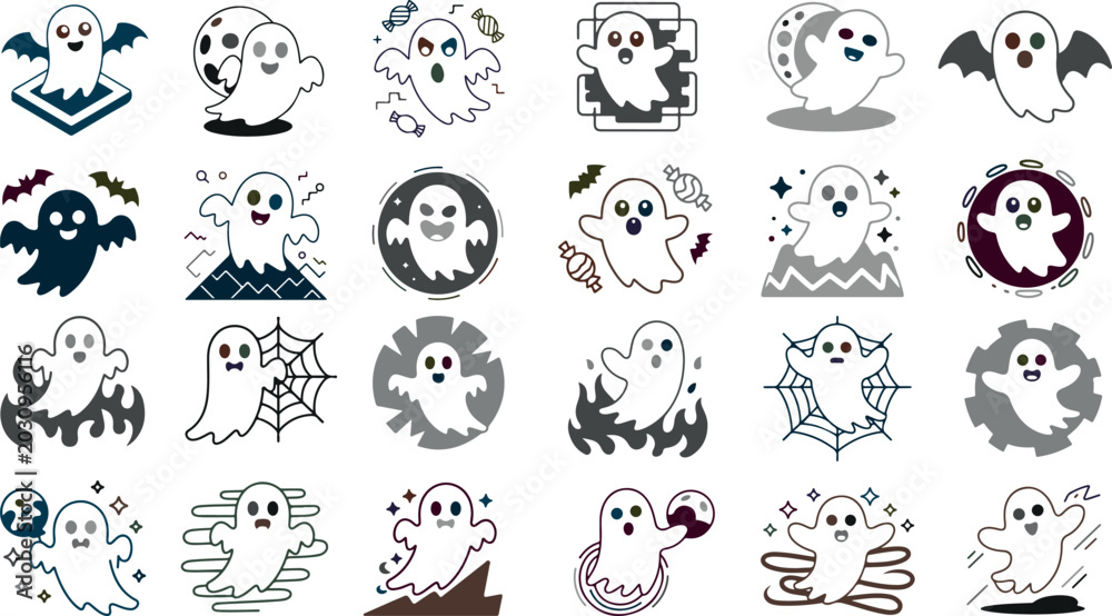 Obraz premium Collection of cute ghost icons in various styles and poses on white background