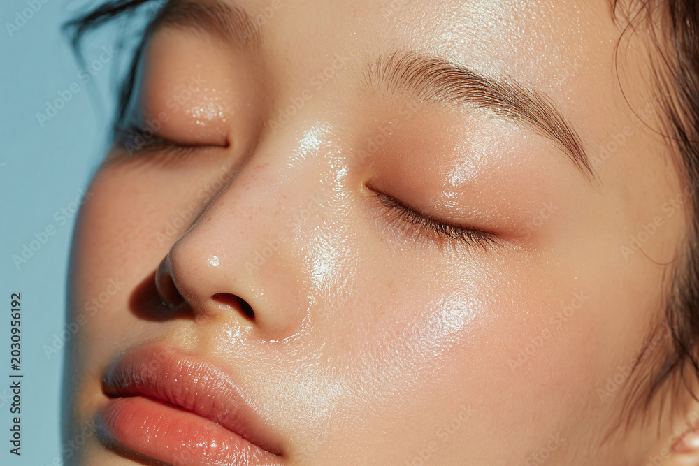Fototapeta premium Radiant hydrated skin close up of Korean woman with dewy complexion, smooth texture, natural makeup and closed eyes conveying calm and freshness
