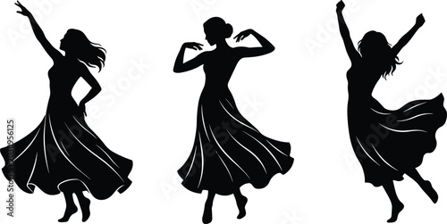 Obraz na plátně Black of three dancing ballerinas in flowing dresses black silhouette ballet dan