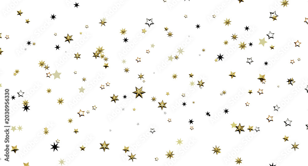 Obraz premium Festive background with gold and black stars confetti on a white backdrop, perfect for holidays or celebrations. Ideal f