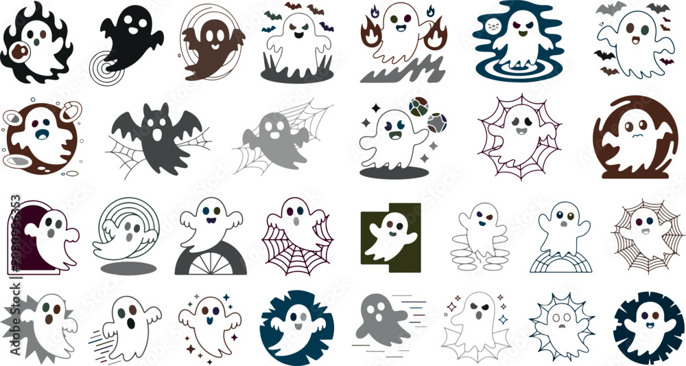 Obraz premium Collection of various cartoon ghosts and spooky icons in different colors and designs on white background