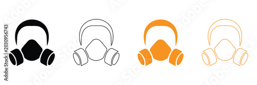 Four gas mask icons in black, Line art, Orange, And outline styles on white background for safety and protection concepts