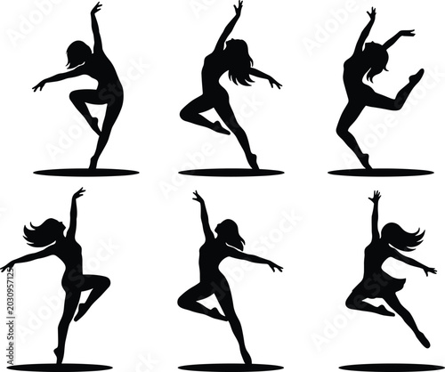 Obraz na płótnie Black silhouette ballet dancers performing pirouette poses on white background