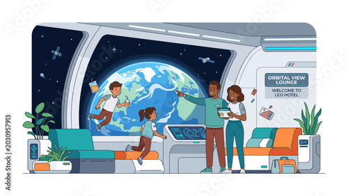 Obraz na płótnie Future Family in Space Station: A family enjoys a breathtaking view of Earth from the comfort of their futuristic space station lounge, highlighting a vision of future travel and living