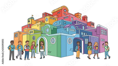 Obraz na płótnie A vibrant, colorful cityscape teeming with diverse young students, each engrossed with their electronic devices, against a backdrop of whimsical, rainbow-hued buildings