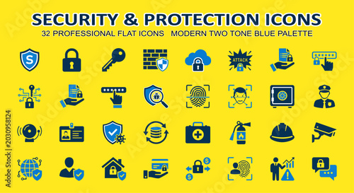 Tableau sur toile Flat security icons in a two-tone blue palette on yellow