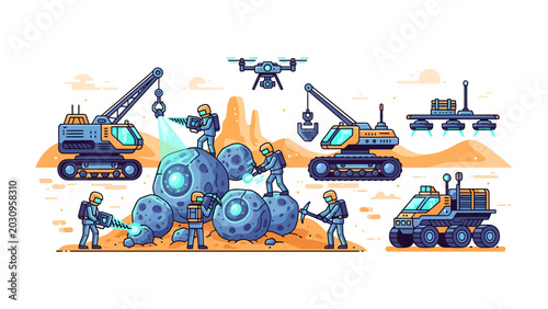 Valokuva Martian Mining Operation: A futuristic scene depicts astronauts in hazmat suits excavating crystalline rocks on Mars with heavy machinery, including a drone and rover, under a dusty orange sky