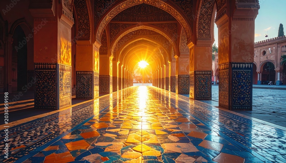 Obraz premium Sunlight illuminates ornate Moroccan architecture hallway with patterned tiles and arches