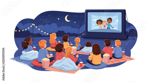 Outdoor Movie Night with Kids: A whimsical illustration of children enjoying a movie under the stars, complete with popcorn and cozy blankets, capturing the magic of a family night out.
