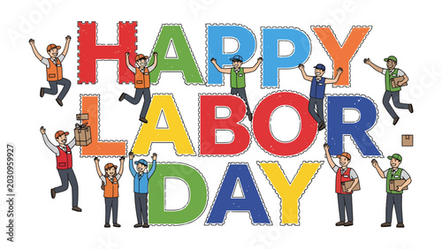 Fotografía Happy Labor Day Greeting: Vibrant letters spell out Happy Labor Day, surrounded by cheerful workers in various professions, celebrating their hard work and dedication