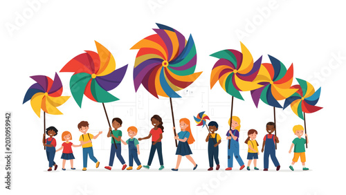 Bild auf Leinwand Children's Parade of Colors: A vibrant procession of diverse children, each holding a colorful pinwheel, marches forward, creating a joyful spectacle of youth and imagination