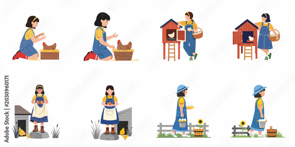 Fototapeta premium Set of illustrations depicting a young girl collecting fresh eggs and interacting with chickens in various rural farm scenes.