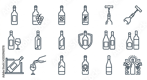 Bild auf Leinwand Collection of Wine Bottles and Accessories Hand Drawn Icons.