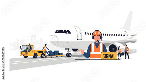 Airport Ground Crew: A detailed illustration depicts an airport ground crew diligently working on the tarmac, handling baggage and directing an aircraft with precision and teamwork.