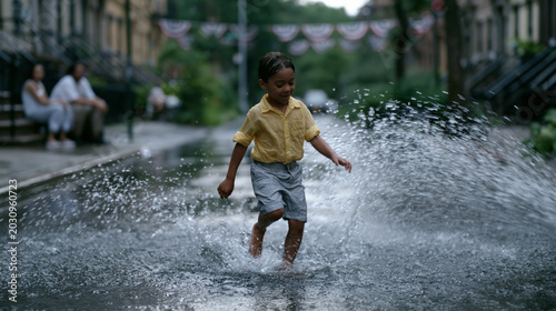 Barefoot child jumping through neighborhood fire hydrant spray on rain-soaked Brooklyn street during July heat wave, parents watching from stoop behind, wet pavement reflecting apartment facades, Am