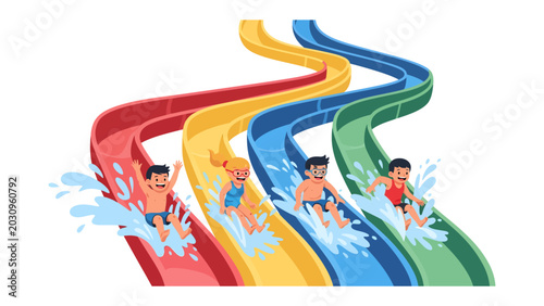 Canvas Print Water Slide Adventure: Four smiling children experience the thrill of sliding down colorful water slides at a water park, splashing joyfully as they descend