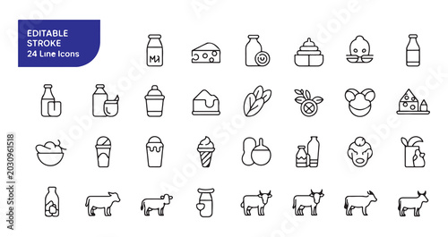Foto Dairy icons set milk cheese cow ice cream yogurt and other food and drink line icons