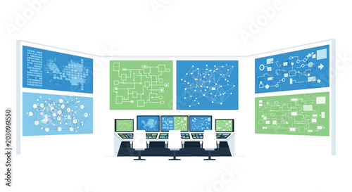 Foto Modern control room with digital screens displaying data and network diagrams
