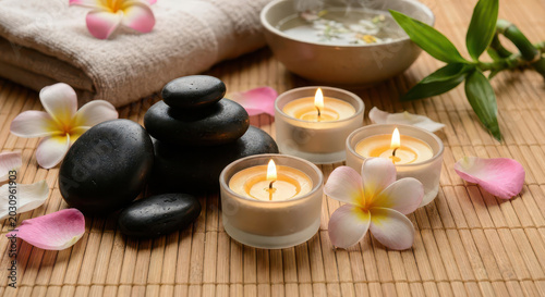 Serene Spa and Wellness Scene with Bamboo Mat Black Stones Candles and