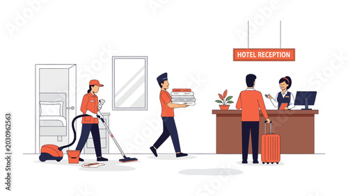 Foto Hotel Service: A hotel reception scene depicts staff performing various duties like cleaning, delivering items, and assisting guests at the counter, showcasing efficient hospitality