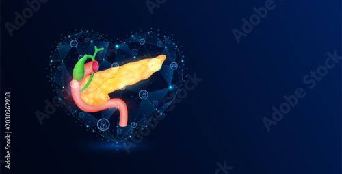 Foto Human organ yellow pancreas in polygon heart blue glowing transparent