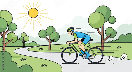 Flat Style Vector Illustration of a Cyclist Riding a Bicycle on a Park Road at Sunny Day