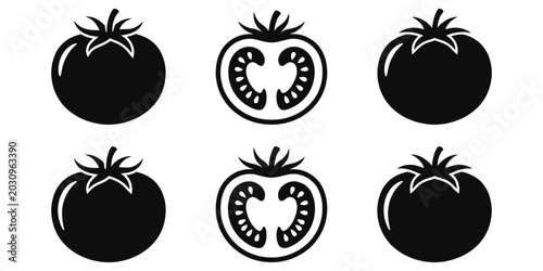 Six tomato silhouettes whole and halved black and white with vegetable illustration silhouette