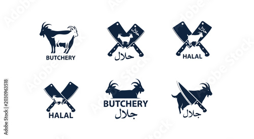 Schilderij op canvas Halal butchery logo collection, goat meat shop emblems with crossed meat cleaver