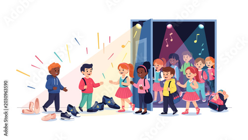 Fotografie Children Entering a Performance: A group of diverse children excitedly enter a brightly lit stage area, leaving their shoes behind, ready for a performance or event