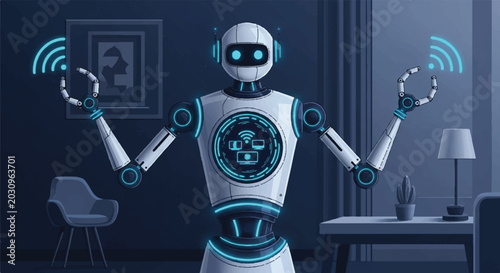 Futuristic Robot Assistant controlling Smart Home Devices Vector Illustration