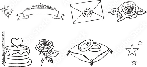 Photos Hand-Drawn Wedding Elements Set, Marriage Celebration Icons with Rings, Rose, Ca