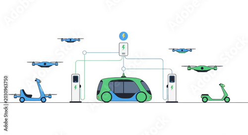 Tableau sur toile Future Mobility: Electric Vehicles, Drones, and Charging Stations
