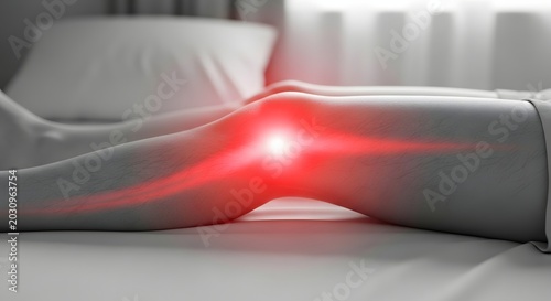Chronic knee pain and joint inflammation. Orthopedic health and arthritis symptoms. Close up of a leg resting on a bed with red focal point on the painful knee joint