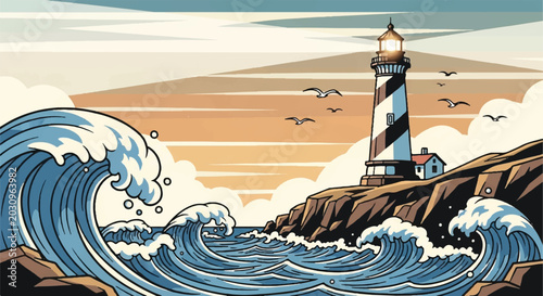 Vintage Style Vector Travel Poster of a Lighthouse on Rocky Cliffs with Big Ocean Waves