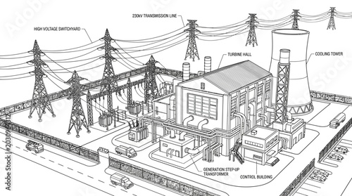 Industrial power plant with transmission towers.