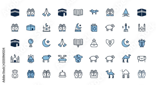 Fotografie Islamic Hajj and Umrah icon set, 45 blue and black religious line icons, Kaaba a